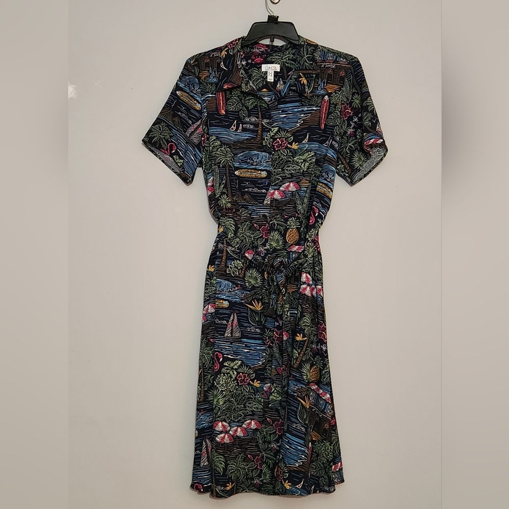 D&Co Denim And Company Tropical Print Midi‎ Tie Belt Shirt Dress Size 1X - Picture 3 of 11